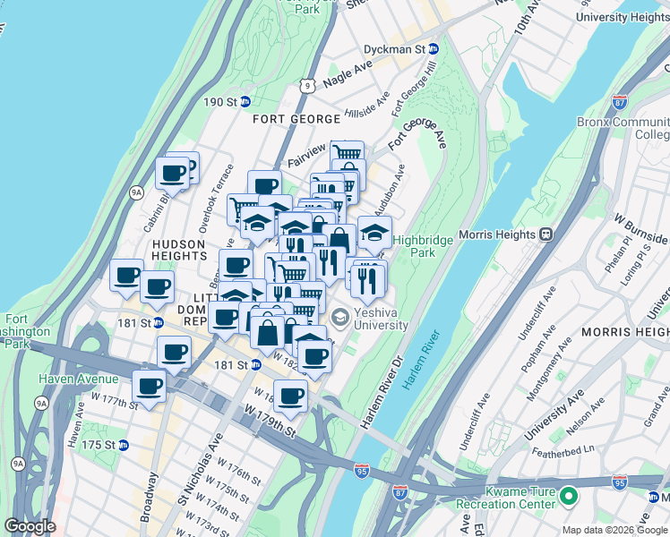 map of restaurants, bars, coffee shops, grocery stores, and more near 549 West 187th Street in New York
