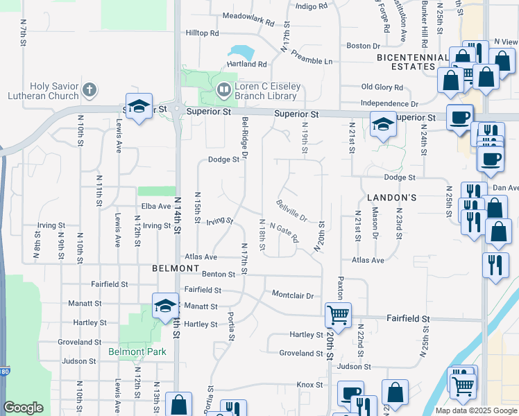 map of restaurants, bars, coffee shops, grocery stores, and more near 4119 North 18th Street in Lincoln
