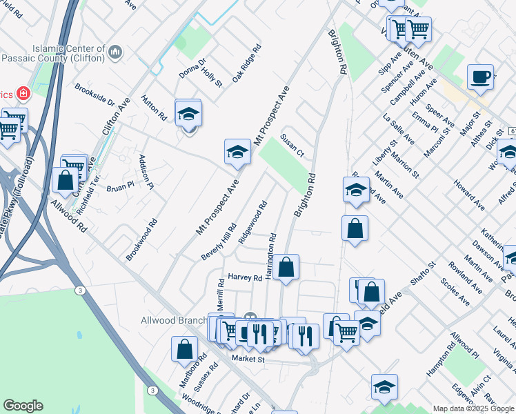 map of restaurants, bars, coffee shops, grocery stores, and more near 75 Ridgewood Road in Clifton