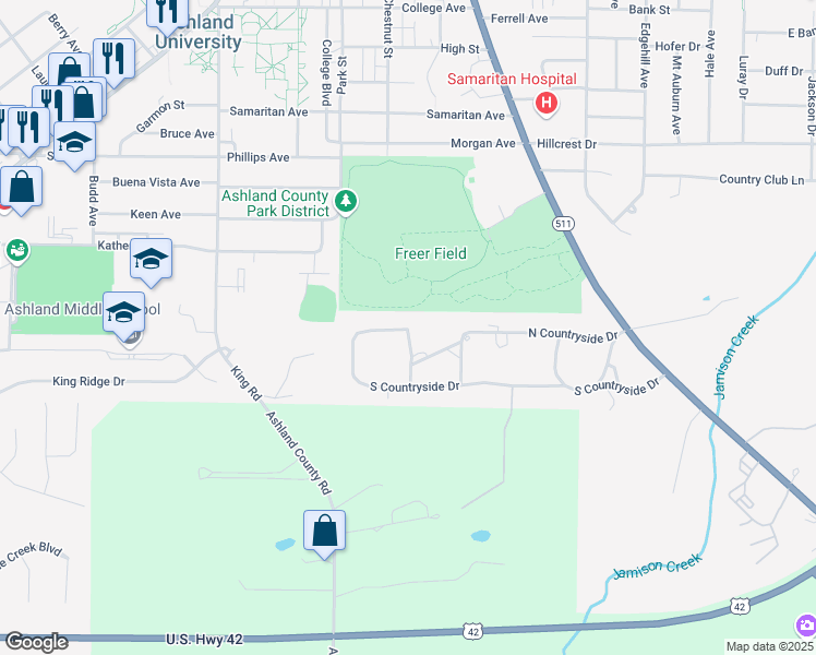 map of restaurants, bars, coffee shops, grocery stores, and more near 412 North Woodhill Drive in Ashland