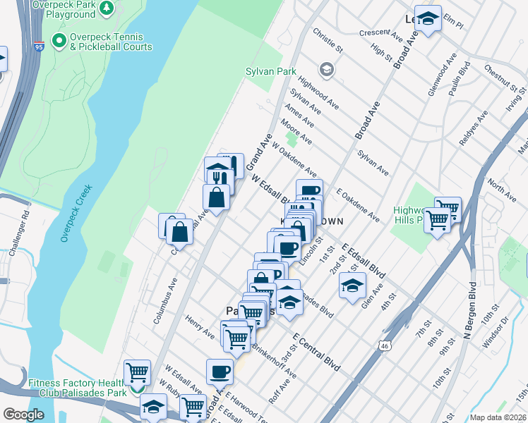 map of restaurants, bars, coffee shops, grocery stores, and more near 439 Hillside Avenue in Palisades Park