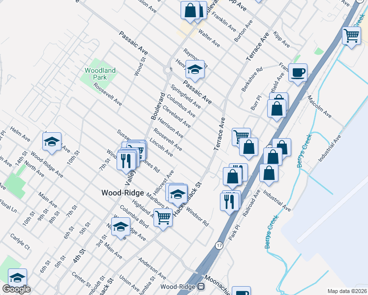 map of restaurants, bars, coffee shops, grocery stores, and more near 314 Roosevelt Avenue in Hasbrouck Heights