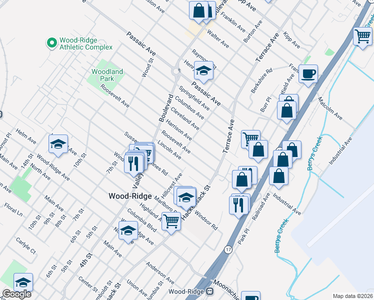 map of restaurants, bars, coffee shops, grocery stores, and more near 314 Roosevelt Avenue in Hasbrouck Heights