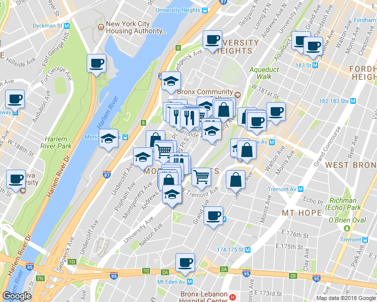 map of restaurants, bars, coffee shops, grocery stores, and more near 1857 Andrews Ave in Bronx
