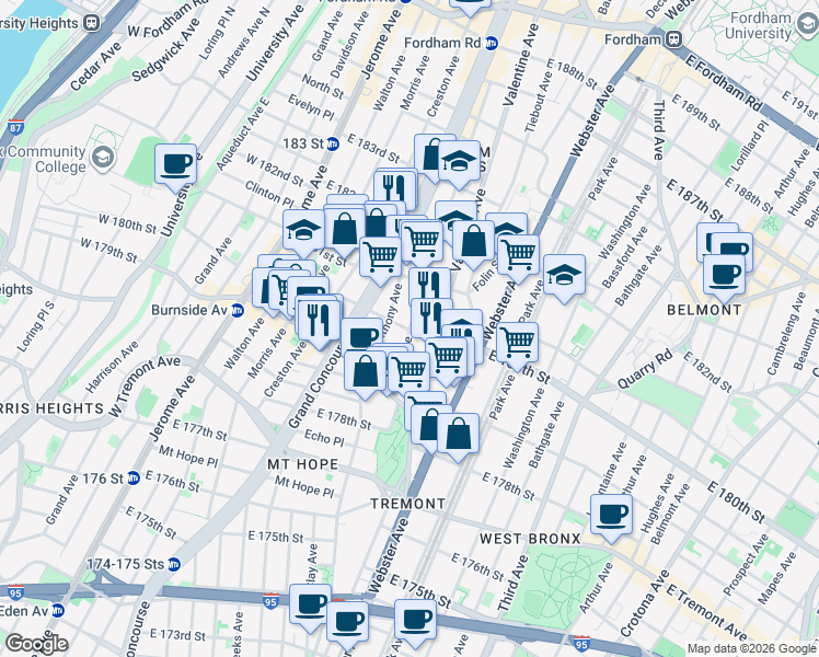 map of restaurants, bars, coffee shops, grocery stores, and more near East 180th Street & Ryer Avenue in Bronx