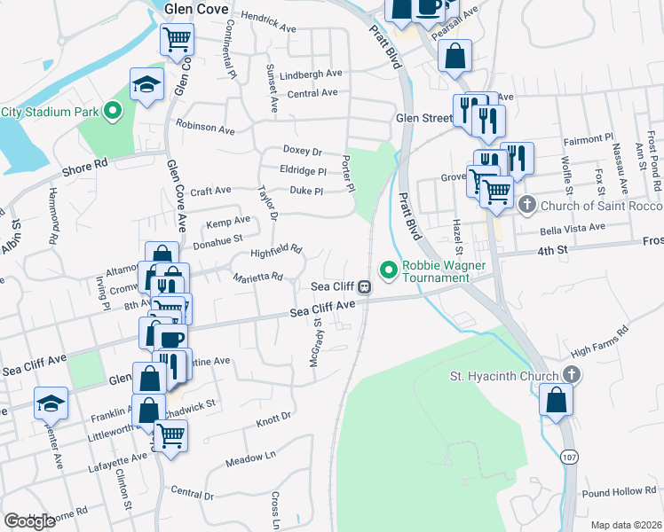 map of restaurants, bars, coffee shops, grocery stores, and more near 63 Glen Keith Road in Glen Cove