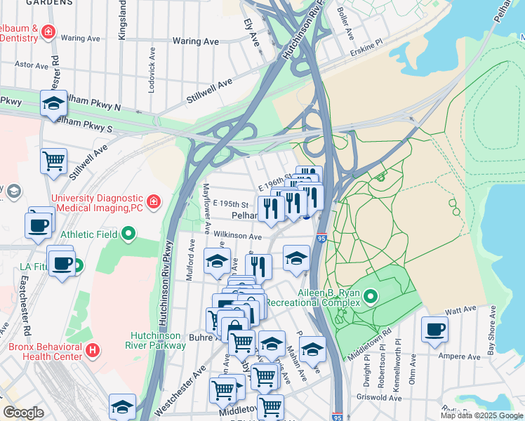 map of restaurants, bars, coffee shops, grocery stores, and more near 2025 Continental Avenue in Bronx