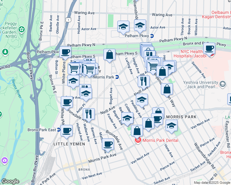 map of restaurants, bars, coffee shops, grocery stores, and more near 2019 Colden Avenue in Bronx