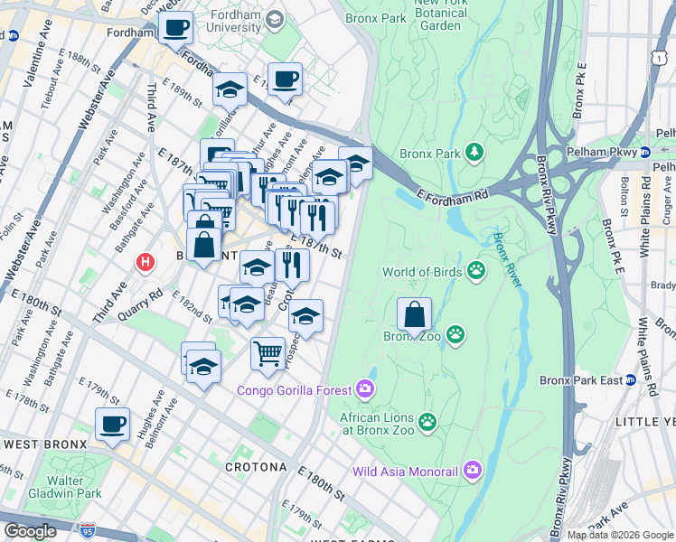 map of restaurants, bars, coffee shops, grocery stores, and more near 787 East 185th Street in Bronx