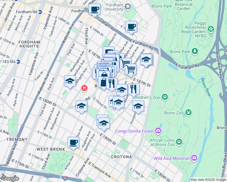 map of restaurants, bars, coffee shops, grocery stores, and more near in The Bronx