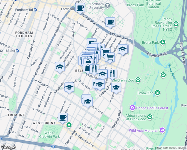 map of restaurants, bars, coffee shops, grocery stores, and more near in The Bronx