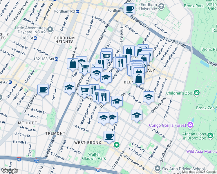 map of restaurants, bars, coffee shops, grocery stores, and more near 4441 3rd Avenue in The Bronx