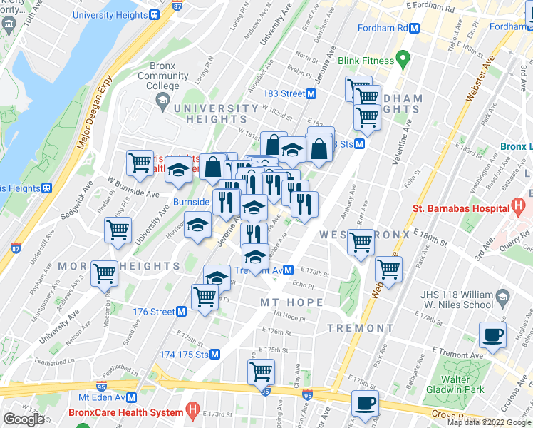 map of restaurants, bars, coffee shops, grocery stores, and more near 2021 Morris Avenue in The Bronx