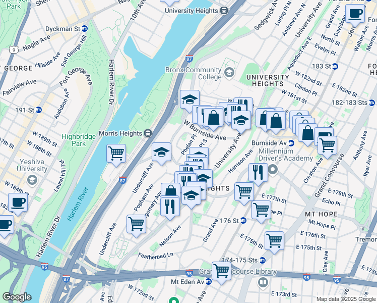 map of restaurants, bars, coffee shops, grocery stores, and more near 1814B Phelan Place in Bronx
