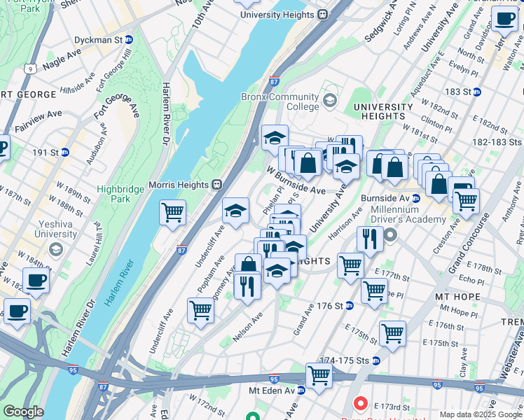 map of restaurants, bars, coffee shops, grocery stores, and more near 1814B Phelan Place in Bronx