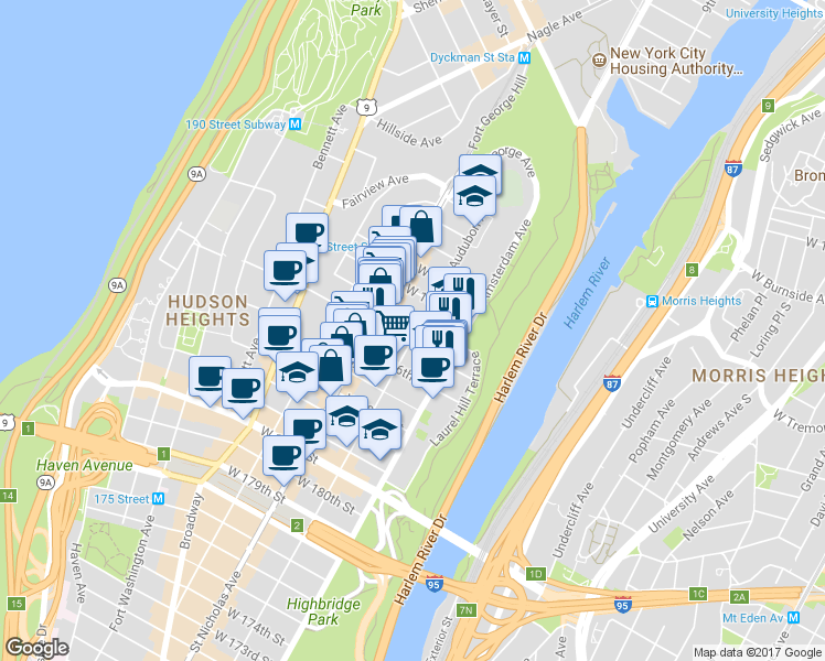 map of restaurants, bars, coffee shops, grocery stores, and more near in New York
