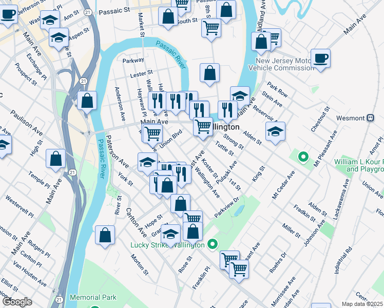 map of restaurants, bars, coffee shops, grocery stores, and more near 75 Locust Avenue in Wallington
