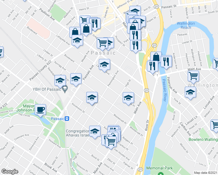 map of restaurants, bars, coffee shops, grocery stores, and more near 85 Boulevard in Passaic