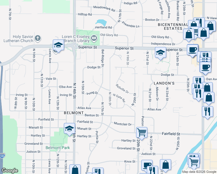 map of restaurants, bars, coffee shops, grocery stores, and more near 4119 North 18th Street in Lincoln