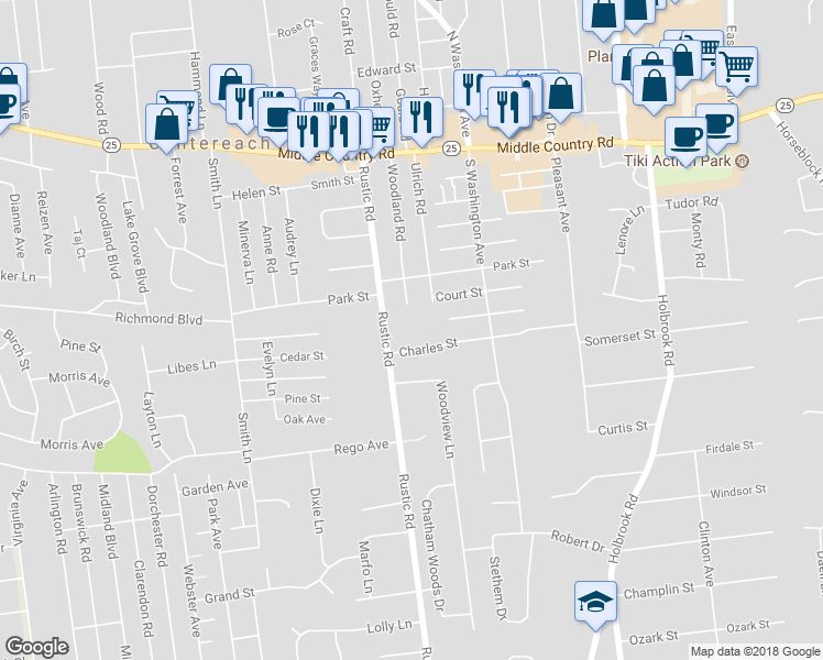 map of restaurants, bars, coffee shops, grocery stores, and more near 107 Rustic Road in Centereach