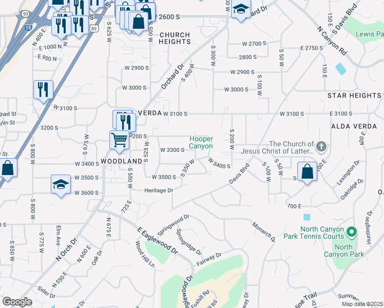 map of restaurants, bars, coffee shops, grocery stores, and more near 3326 South 350 West in Bountiful
