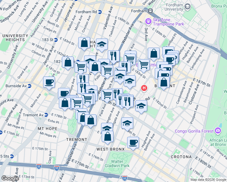 map of restaurants, bars, coffee shops, grocery stores, and more near in The Bronx