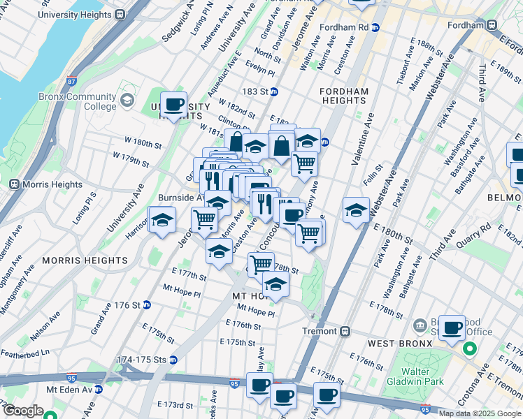 map of restaurants, bars, coffee shops, grocery stores, and more near E Burnside Ave & Creston Ave in Bronx