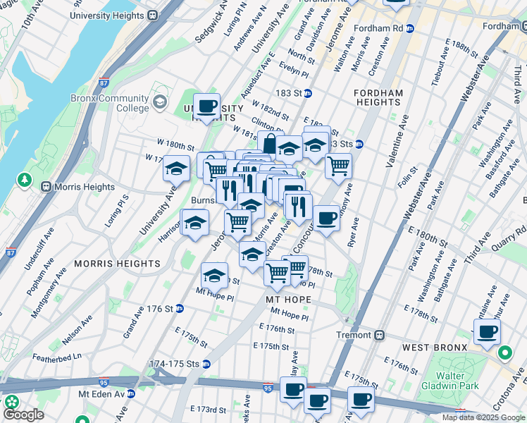 map of restaurants, bars, coffee shops, grocery stores, and more near 2021 Morris Avenue in The Bronx