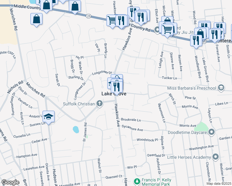 map of restaurants, bars, coffee shops, grocery stores, and more near in Lake Grove