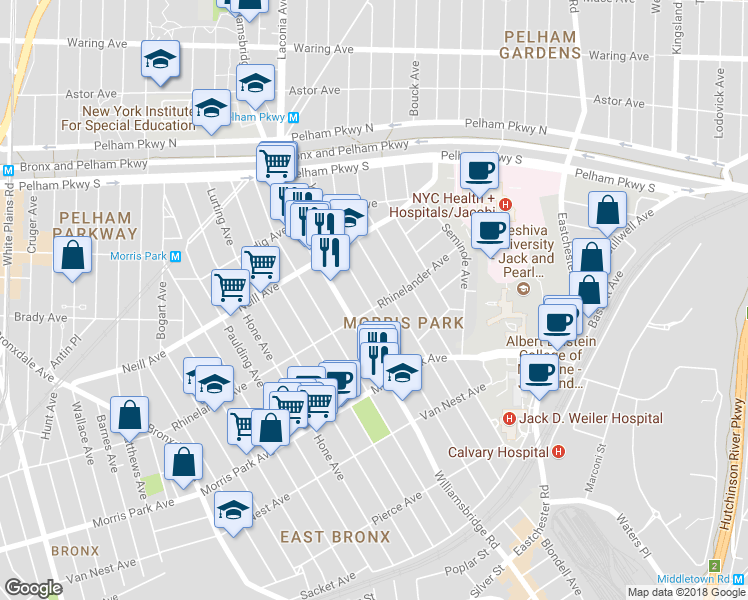 map of restaurants, bars, coffee shops, grocery stores, and more near 1901 Yates Avenue in Bronx