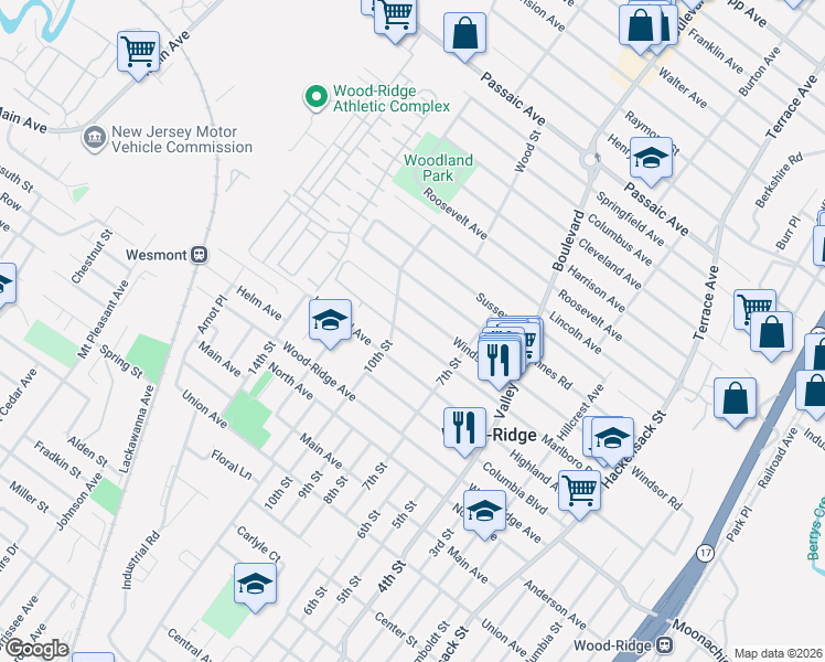 map of restaurants, bars, coffee shops, grocery stores, and more near 321 Marlboro Road in Wood-Ridge