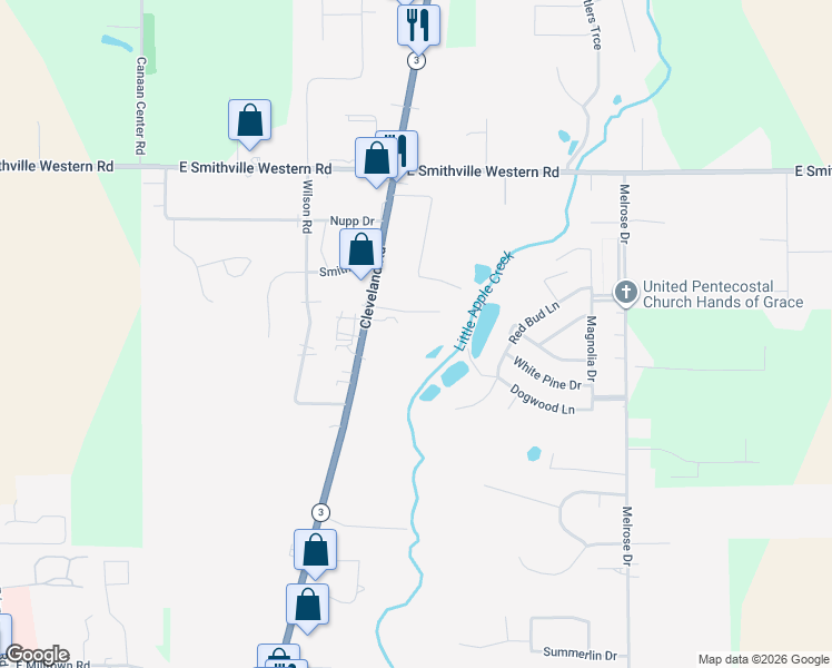 map of restaurants, bars, coffee shops, grocery stores, and more near 4379 Cleveland Road in Wooster