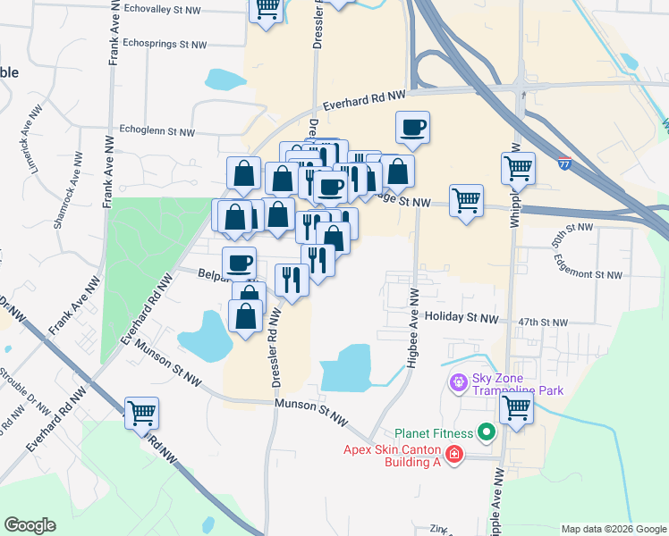map of restaurants, bars, coffee shops, grocery stores, and more near 4926 Dressler Road Northwest in Canton