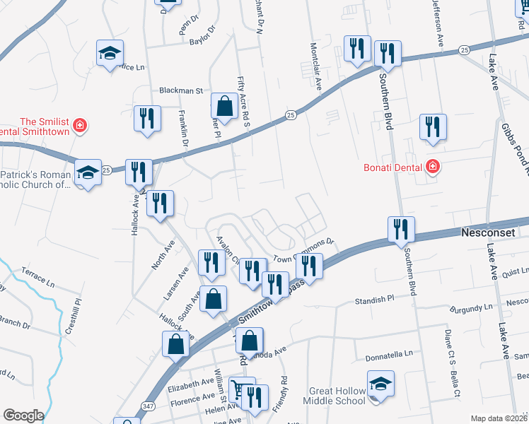map of restaurants, bars, coffee shops, grocery stores, and more near 47 Paddington Circle in Smithtown