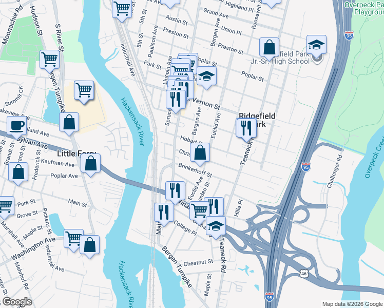 map of restaurants, bars, coffee shops, grocery stores, and more near 40 Brinkerhoff Street in Ridgefield Park