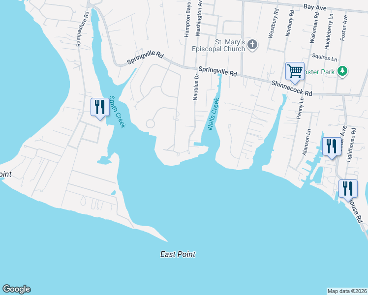 map of restaurants, bars, coffee shops, grocery stores, and more near 45 Nautilus Drive in Hampton Bays
