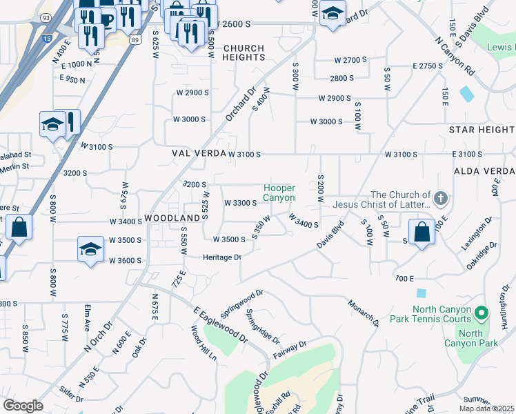 map of restaurants, bars, coffee shops, grocery stores, and more near 383 West 3300 South in Bountiful