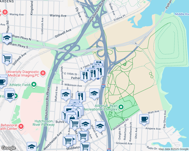 map of restaurants, bars, coffee shops, grocery stores, and more near 3250 Westchester Avenue in Bronx