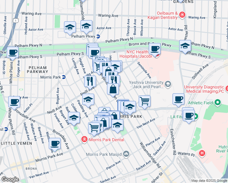 map of restaurants, bars, coffee shops, grocery stores, and more near 1901 Yates Avenue in Bronx