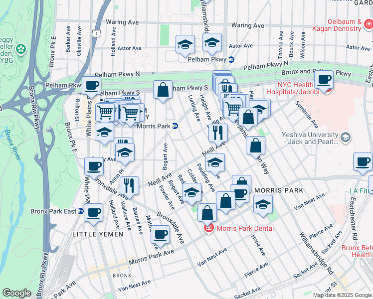 map of restaurants, bars, coffee shops, grocery stores, and more near 2019 Colden Avenue in Bronx