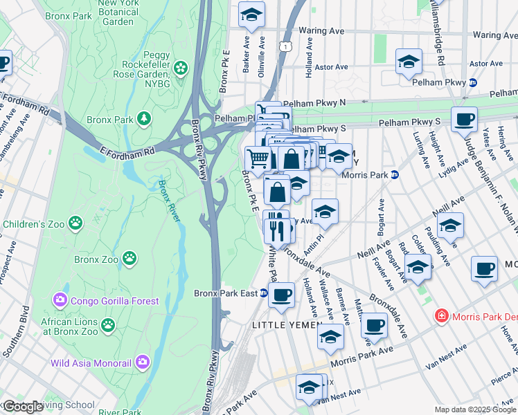 map of restaurants, bars, coffee shops, grocery stores, and more near in The Bronx