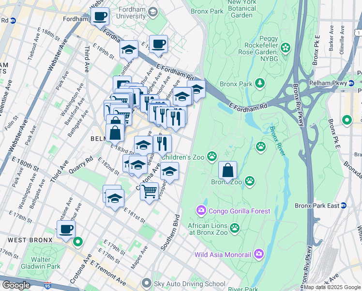 map of restaurants, bars, coffee shops, grocery stores, and more near 787 East 185th Street in Bronx