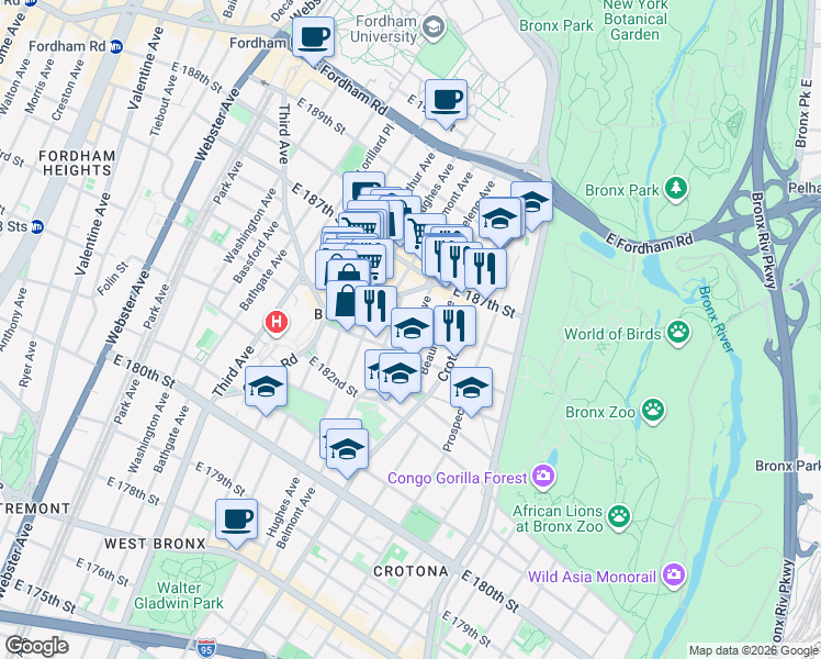 map of restaurants, bars, coffee shops, grocery stores, and more near 2307 Beaumont Avenue in The Bronx