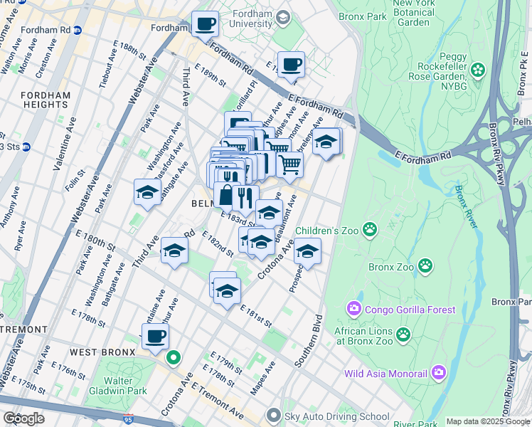 map of restaurants, bars, coffee shops, grocery stores, and more near in The Bronx