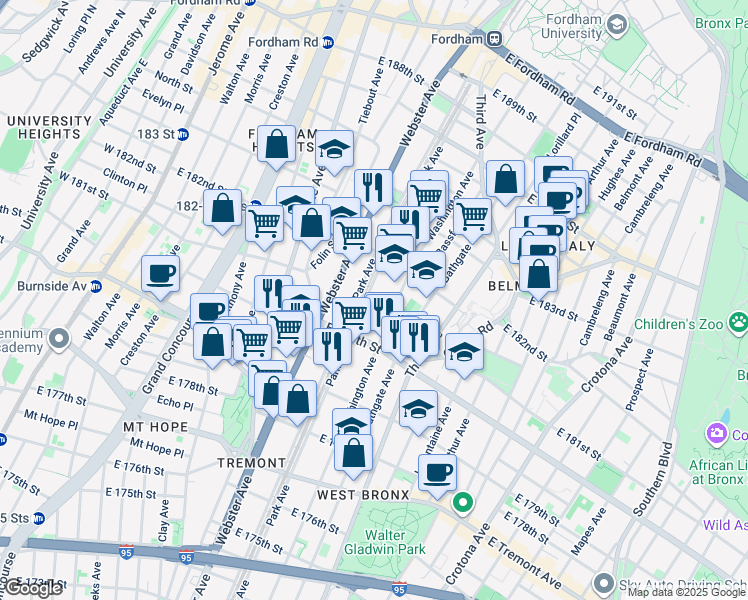 map of restaurants, bars, coffee shops, grocery stores, and more near in The Bronx