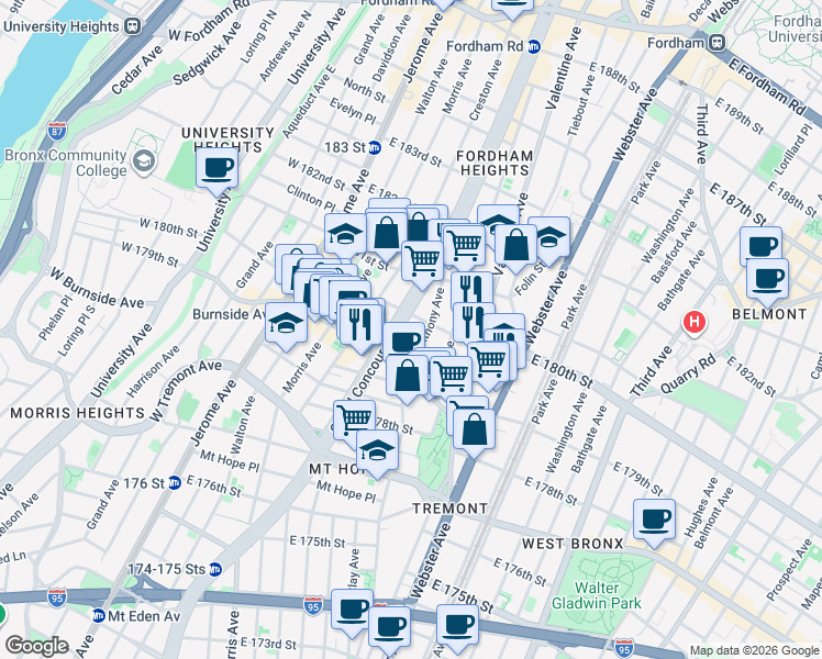 map of restaurants, bars, coffee shops, grocery stores, and more near 2060 Anthony Avenue in Bronx