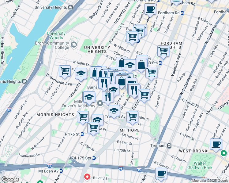 map of restaurants, bars, coffee shops, grocery stores, and more near 2021 Morris Avenue in The Bronx