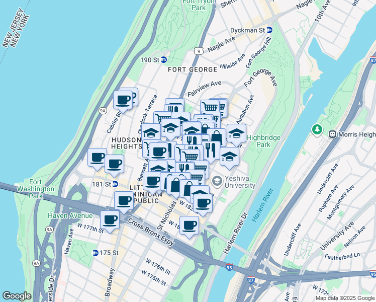 map of restaurants, bars, coffee shops, grocery stores, and more near 600 West 186th Street in New York