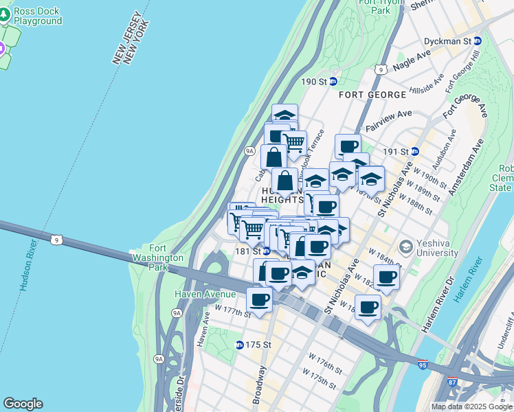 map of restaurants, bars, coffee shops, grocery stores, and more near 131 Cabrini Boulevard in New York