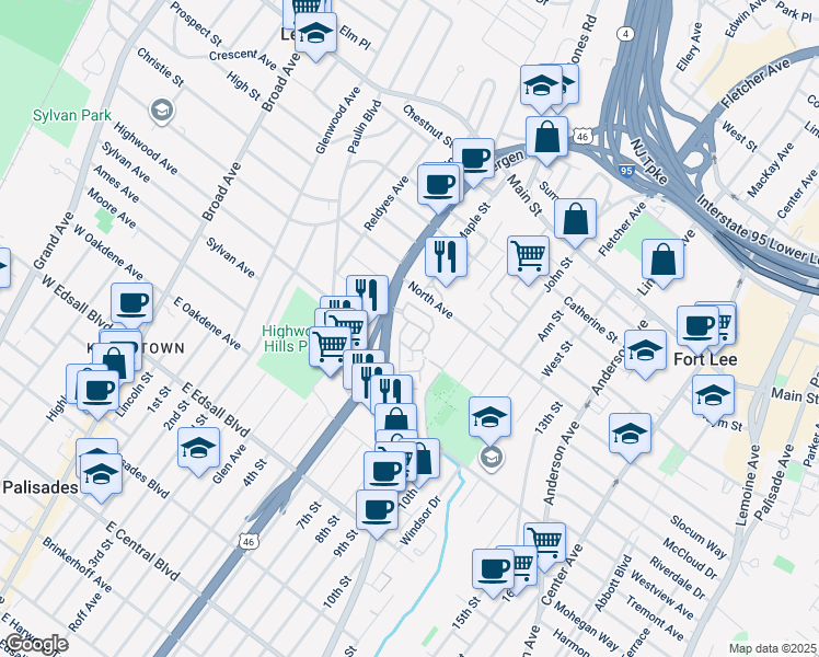 map of restaurants, bars, coffee shops, grocery stores, and more near 1480 Bergen Boulevard in Fort Lee